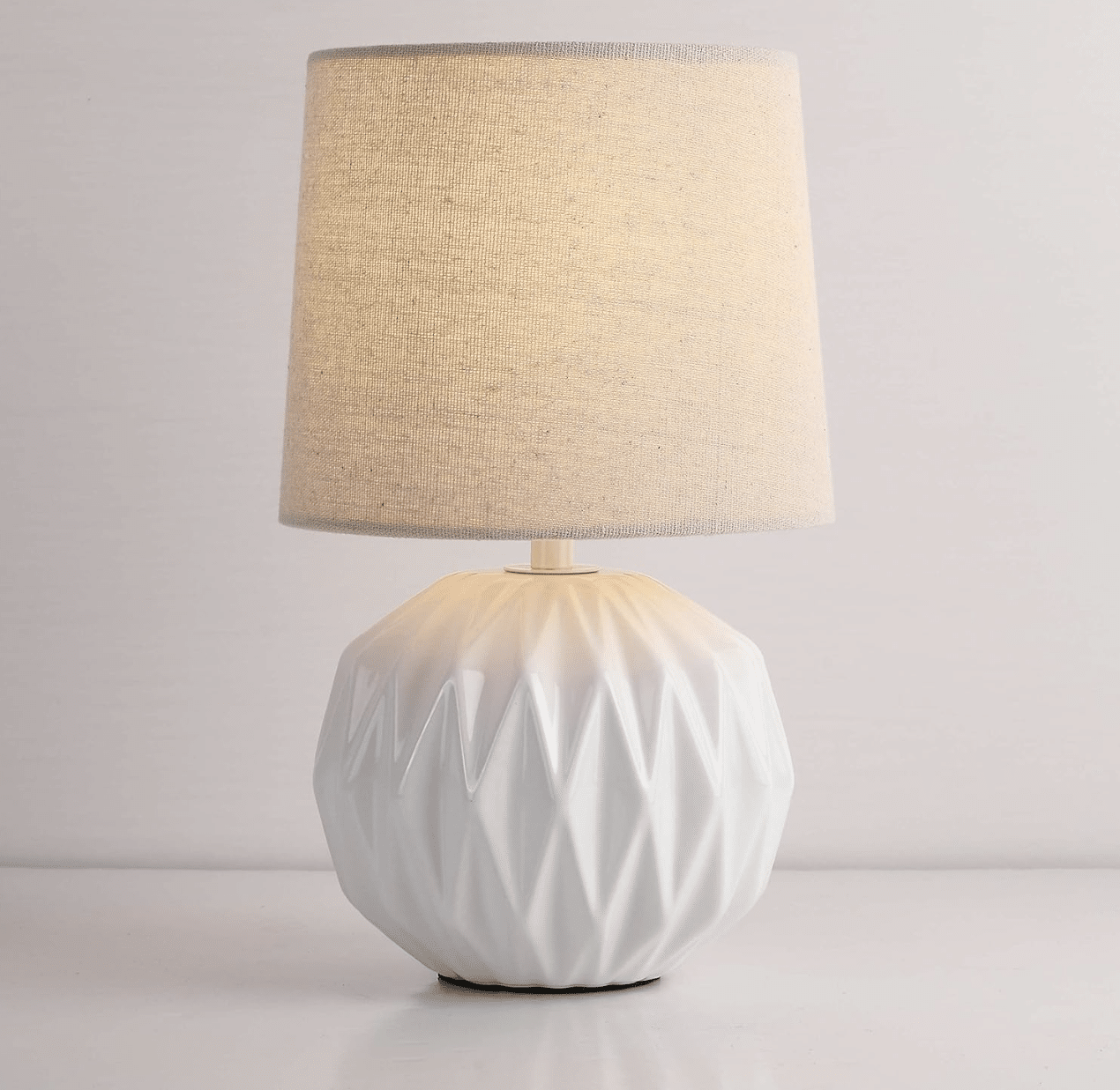 White Ceramic Table Lamp, Geometric Textured Small Bedside Lamp with Linen Shade, Mid Century Modern Nightstand